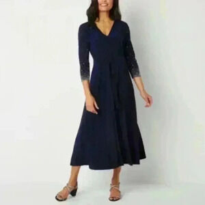 MSK 3/4 Sleeve Beaded Midi Fit + Flare Dress NWT